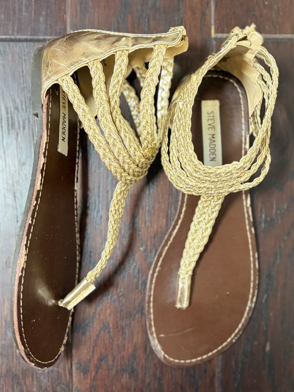Steve Madden Gold Braided Metallic T-Strap Gladiator Flat Sandals Women 8